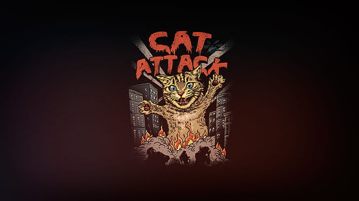 Minimalism, Cat, Art, Attack, by Vincenttrinidad, Vincenttrinidad, by Vincent Trinidad, Vincent Trinidad, Cat Attack, Cat Rampage! Wrecking Havoc in the City!, HD wallpaper