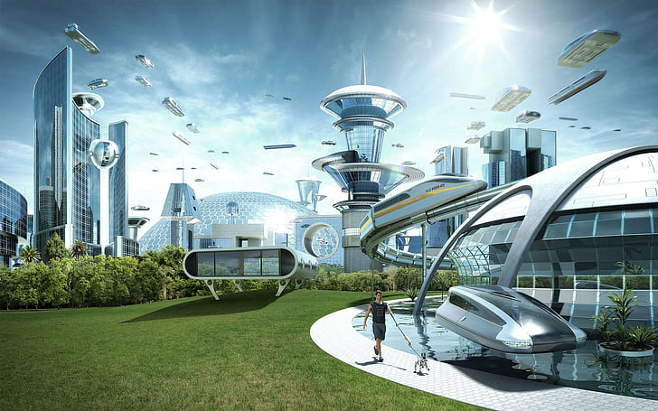 Cityscape futuristik, rumput hijau, fantasi, 1920x1200, kota, masa depan, cityscape, Wallpaper HD