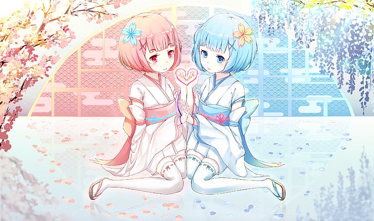 dois personagens de anime feminino de cabelos rosa e azul, Ram, Rem, ReZero, HD, HD papel de parede