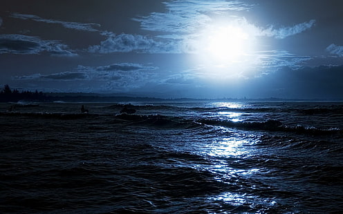 moon, night, ocean, coast, light, serfer, outlines, moon, night, ocean, coast, light, serfer, outlines, HD wallpaper HD wallpaper