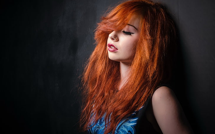 black sleeveless top, redhead, girl, look, model, HD wallpaper