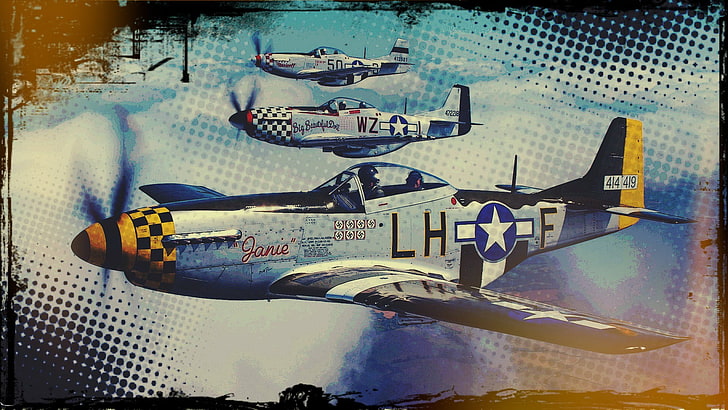 โปสเตอร์ monoplane สีเทาและสีน้ำเงินสามตัวเครื่องบินป๊อปอาร์ตวินเทจท้องฟ้าไททัน T-51 Mustang เครื่องบินสร้างเอง, วอลล์เปเปอร์ HD
