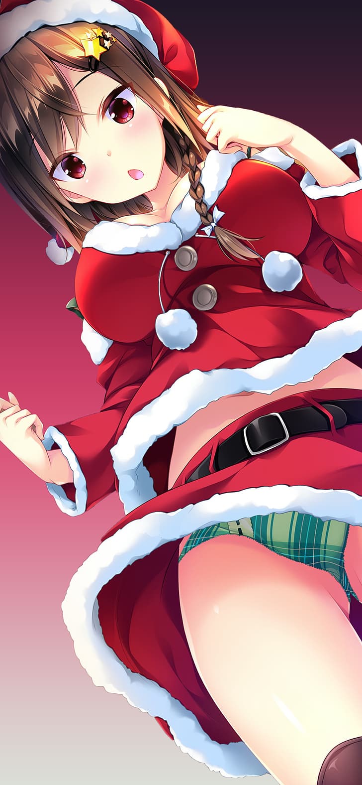 anime dziewczyny, Boże Narodzenie, śliczna bielizna, bielizna, nogi, krągłe, upskirt, Tapety HD, tapety na telefon
