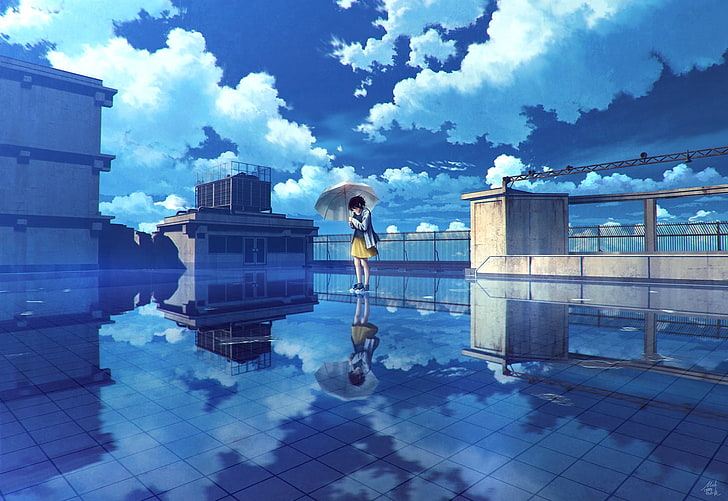illustration de caractère féminin anime, art numérique, œuvres d'art, paysage, paysage urbain, filles de l'anime, parapluie, ciel, toits, réflexion, urbain, nuages, ville, Fond d'écran HD