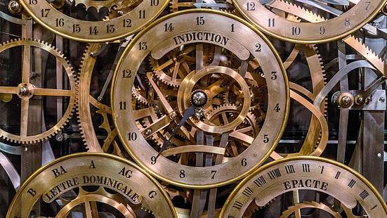 metal, brass, wheel, clock, gear wheel, cog, gear, gears, cog wheel, astronomical clock, strasbourg, HD wallpaper HD wallpaper