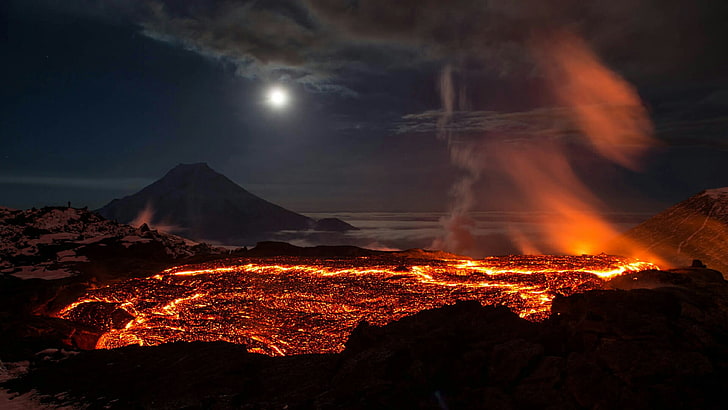 erupções vulcânicas, céu, forma de relevo vulcânica, vulcão, fenômeno geológico, estratovulcão, lava, fenômeno, montanha, noite, cúpula de lava, paisagem, paisagem, plosky, tolbachik, península de kamchatka, rússia, HD papel de parede