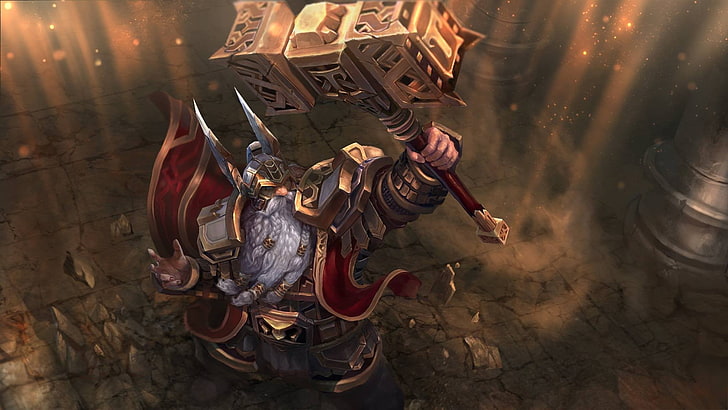 warrior with red cape holding gold hammer illustration, fantasy art, warrior, hammer, dwarf, beard, Armored, HD wallpaper