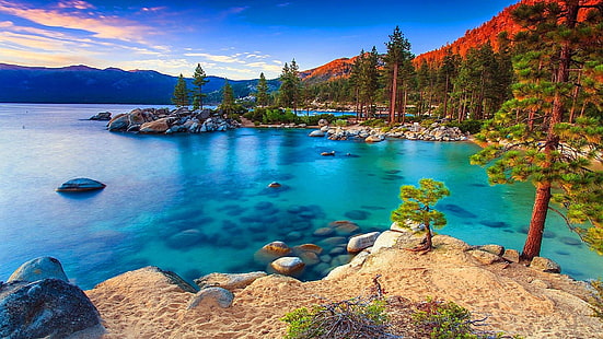 ネバダ州、タホ湖、水、自然、湖、シエラネバダ州、空、海岸、海岸、木、山、山の風景、湾、地形、カリフォルニア州、アメリカ合衆国、 HDデスクトップの壁紙 HD wallpaper