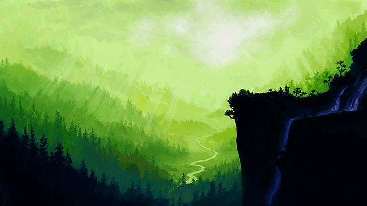 иллюстрация зеленых гор, искусство фантазии, природа, водопад, пейзаж, HD обои