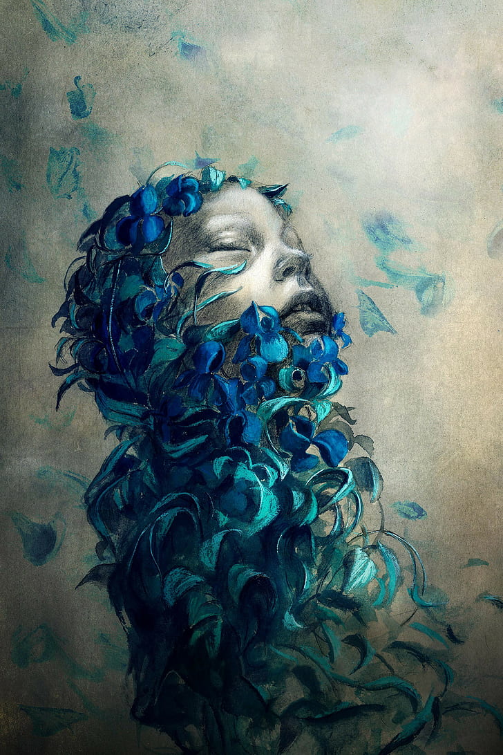 abstract, blue, Closed Eyes, digital art, drawing, face, Flower Petals, flowers, Portrait Display, Simple Background, HD wallpaper