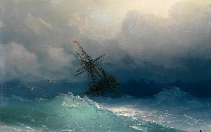 Seni Klasik, Ivan Aivazovsky, lukisan, laut, burung camar, kapal, ombak, Wallpaper HD