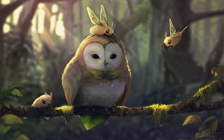 owl on tree illustration, fantasy art, artwork, Pokémon, Rowlet (Pokémon), cutiefly (pokemon), HD wallpaper