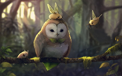 owl on tree illustration, fantasy art, artwork, Pokémon, Rowlet (Pokémon), cutiefly (pokemon), HD wallpaper HD wallpaper