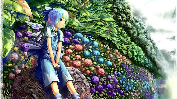 anime, blue hair, looking away, Cirno, flowers, Touhou, HD wallpaper