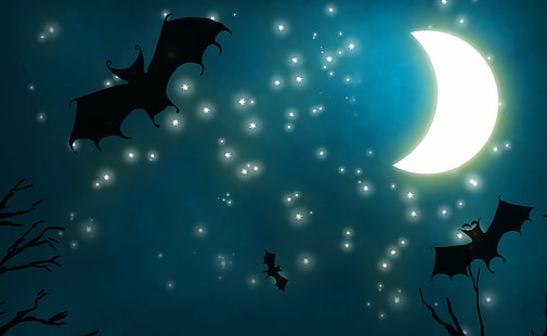 Noche de Halloween, fondo de pantalla de tres murciélagos bajo la luna creciente, Vacaciones, Halloween, Noche, noche de halloween, murciélagos, Fondo de pantalla HD HD wallpaper