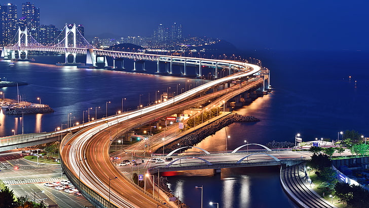 gray concrete bridge, night, road, photography, South Korea, Kwangan Bridge, Busan, bridge, light trails, HD wallpaper