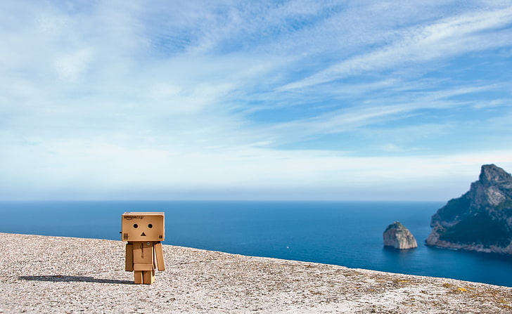 Danbo en Formentor, juguete de madera marrón, Aero, creativo, danbo, macro, formentor, excursión, mar, Fondo de pantalla HD
