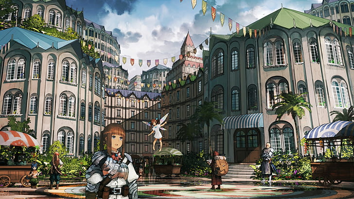 armor, sword, city, fantasy city, anime girls, HD wallpaper