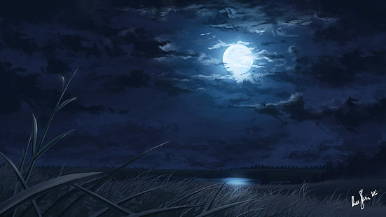 езеро, лунна светлина, пейзаж, нощ, тръстика, Луна, дигитално изкуство, HD тапет HD wallpaper