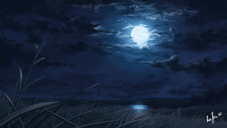 pintura de luna llena, noche, luna, luz de luna, lago, juncos, paisaje, arte digital, Fondo de pantalla HD