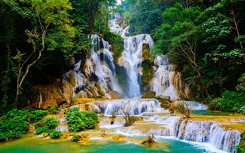 Каскадный водопад Куанг Си в Лаосе, известный как Ват Куанг Си Водопады Живописный пейзаж HD Обои для рабочего стола 2560 × 1600, HD обои HD wallpaper