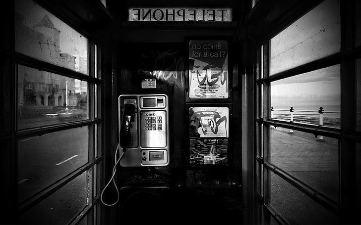 black telephone, phone, booth, black white, city, HD wallpaper
