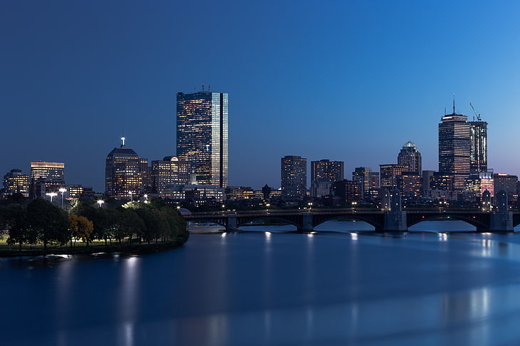 Boston, miasto, światła, woda, most, odbicie, drapacze chmur, Tapety HD