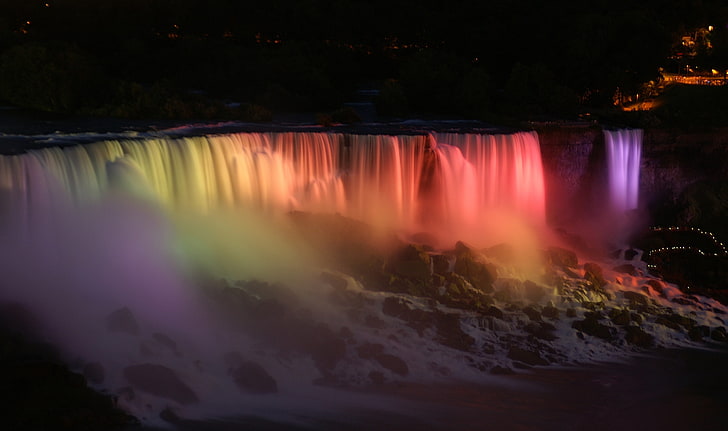 woda spada ze światłami, Niagara Falls, wodospad, tęcze, noc, woda, Tapety HD