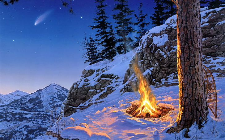 artistic, darrel bush, fire, flames, forests, landscapes, mountains, nature, paintings, scenic, snow, trees, winter, HD wallpaper