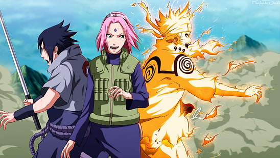 Naruto Shippuuden, zespół 7, sakura, sasuke, naruto, kurama, anime, Tapety HD HD wallpaper