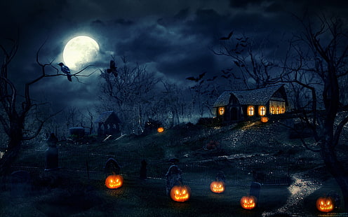 calabazas, casa, encantada, halloween, noce, Tapety HD HD wallpaper