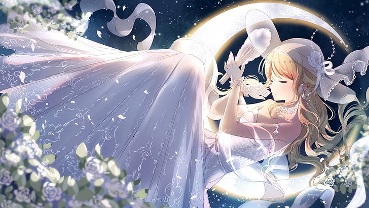 Chica anime, vestido de novia, luna, rubia, ojos cerrados, flores, anime,  Fondo de pantalla HD | Wallpaperbetter