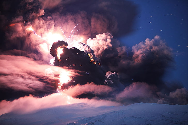 maroon clouds, storm, lightning, eruption, clouds, volcano, HD wallpaper