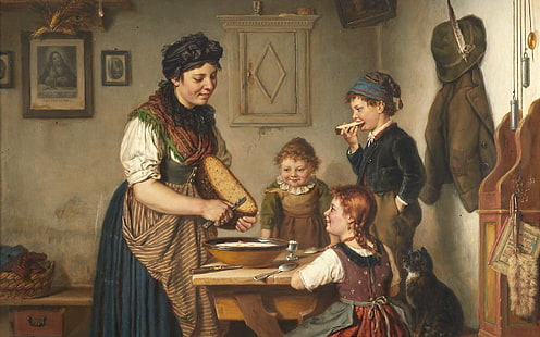  1883, German painter, oil on canvas, Karl Arrow, At the kitchen table, Karl Hetz, HD wallpaper HD wallpaper