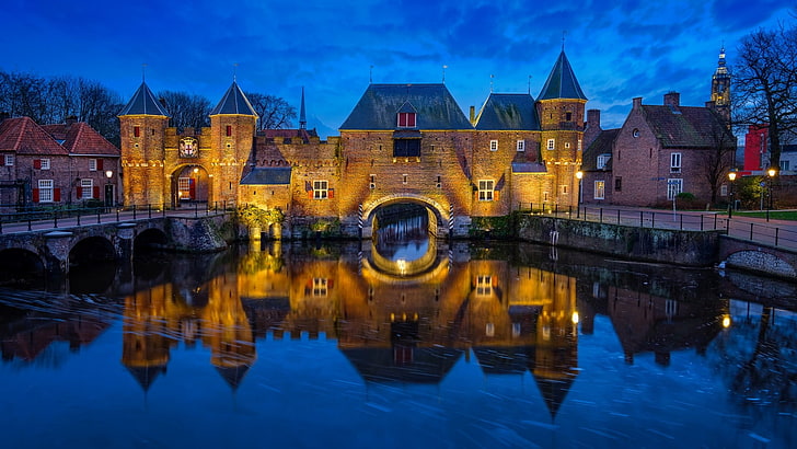 история, канал, уникален, исторически, воден замък, водна порта, Холандия, Амерсфорт, Koppelpoort, размисъл, вечер, град, туристическа атракция, небе, вода, забележителност, воден път, HD тапет