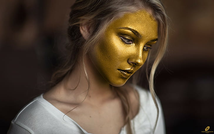 złoto, twarz, kobiety, farba do ciała, farba do twarzy, Alice Tarasenko, Tapety HD