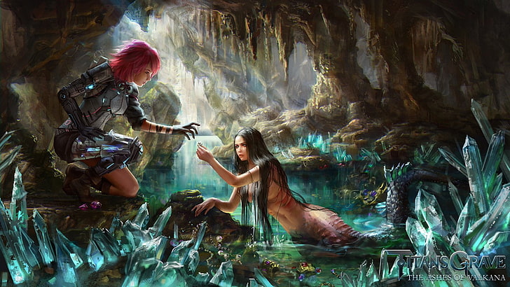 cave, fantasy, Girls, hair, mermaid, red, HD wallpaper