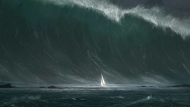 illustrazione dell'onda dell'oceano, acqua, onde, barche a vela, Sfondo HD