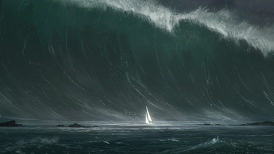 Ozeanwellenillustration, Wasser, Wellen, Segelboote, HD-Hintergrundbild HD wallpaper