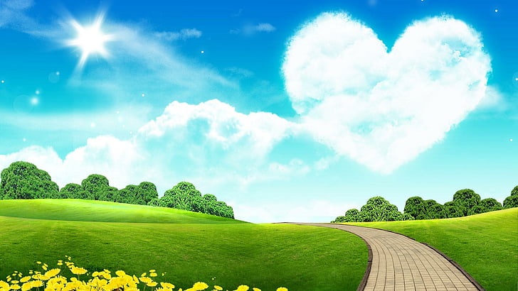 love, heart, field, sun, sky, HD wallpaper