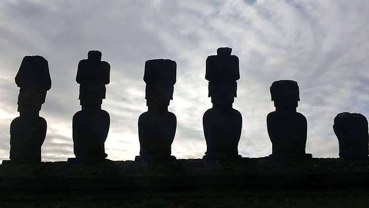 antike, kultur, osterinsel, historisch, historisch, geschichte, insel, wahrzeichen, moai, denkmal, älter, stein, ruinen, skulptur, schattenbild, statue, HD-Hintergrundbild
