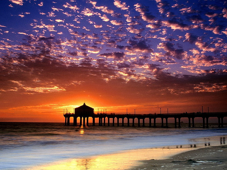 silhouette of dock, evening, sea, pier, decline, sky, coast, sun, clouds, california, beach, HD wallpaper