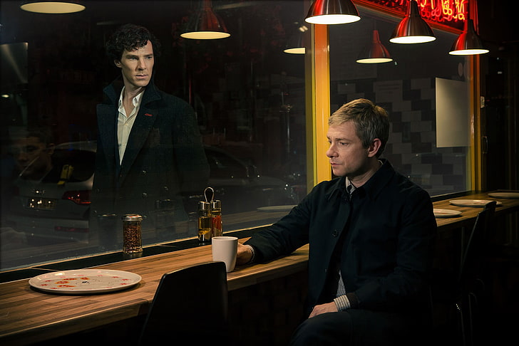 black suit jacket, machine, table, lamp, chairs, window, actors, Sherlock Holmes, men, stand, Season 3, Martin Freeman, Benedict Cumberbatch, Sherlock, Dr. Watson, BBC One, Dr. John Watson, HD wallpaper