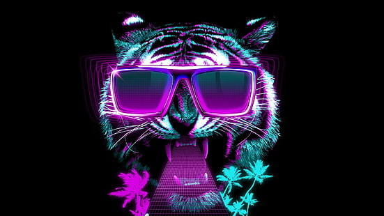 tigre, occhiali da sole, neon, disegno grafico, retroonda, occhiali, stile, retrò, arte, grafica, synthwave, arte digitale, illustrazione, vaporwave, arte retrò, arte al neon, Sfondo HD HD wallpaper