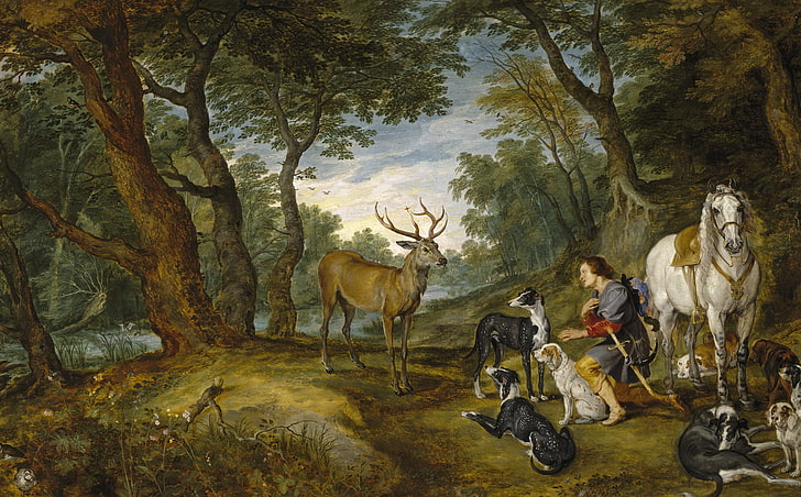 hutan, anjing, kuda, gambar, rusa, mitologi, Jan Brueghel si penatua, The Vision Of St. Hubert, Wallpaper HD