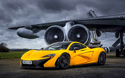 McLaren P1 Желтый суперкар на аэродроме, McLaren, Желтый, Суперкар, Аэродром, HD обои HD wallpaper
