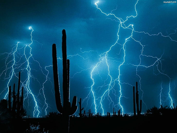 Blue Storm On Desert, desert, lightning, blue, storm, nature and landscapes, HD wallpaper