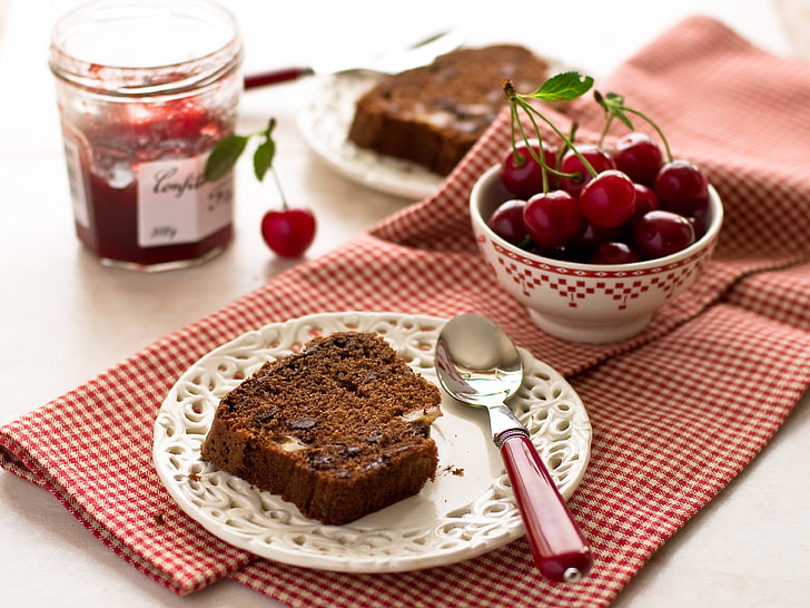 white ceramic plate, cupcake, baking, cake, plate, spoon, jam, cherries, cherry, berry, HD wallpaper