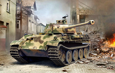 огън, дим, тухли, руините, резервоар, късно, средно, Panther Ausf.G, MG 34, зенитна картечница, HD тапет HD wallpaper