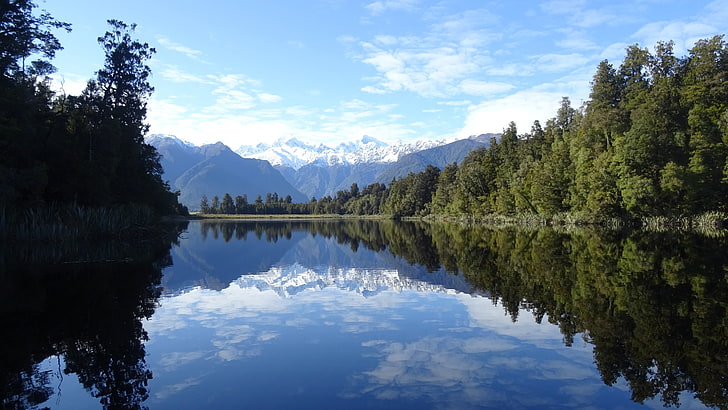 zbiornik wodny, krajobraz, jezioro, zaśnieżony szczyt, Nowa Zelandia, jezioro Matheson, lodowiec Fox, drzewa, Tapety HD